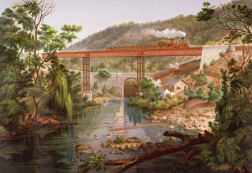 Ponte ferroviária em Atoyac, de &39;Álbum da Ferrovia Mexicana&39; por Antonio Garcia Cubas, publicado em 1878 (chromolitho)